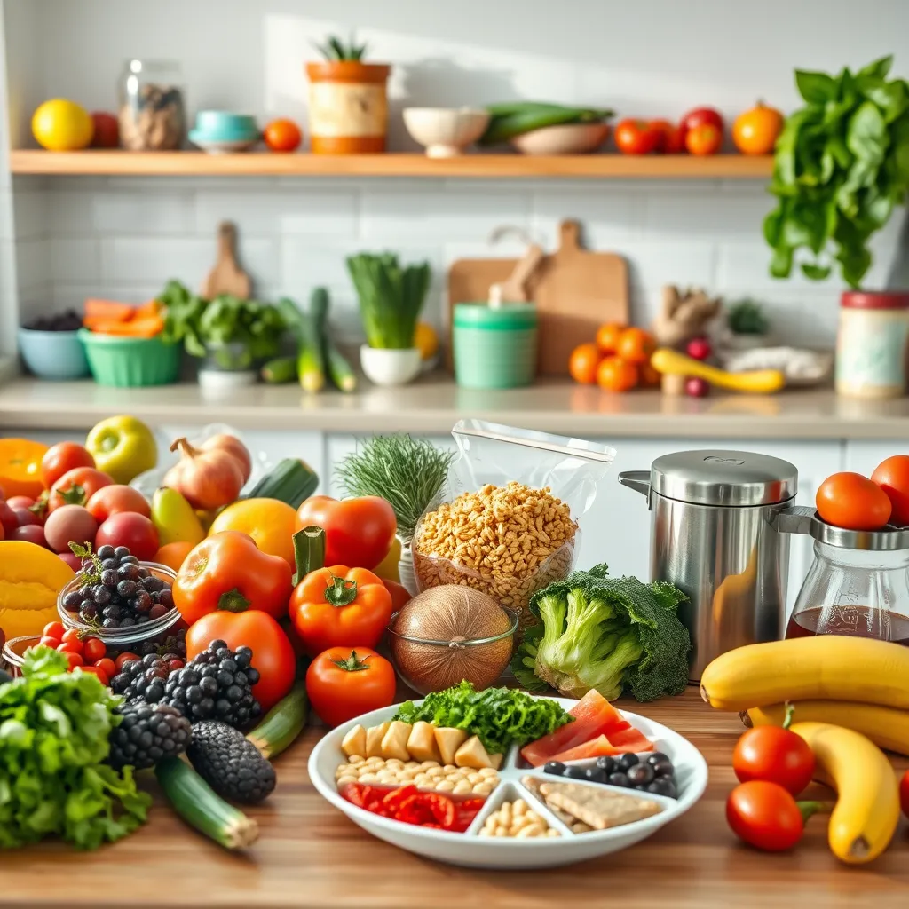 A vibrant, organized kitchen countertop displaying a variety of fresh fruits, vegetables, whole grains, and lean proteins. Include measuring cups and a balanced meal plate showing portion sizes, all arranged with natural lighting for a fresh look.
