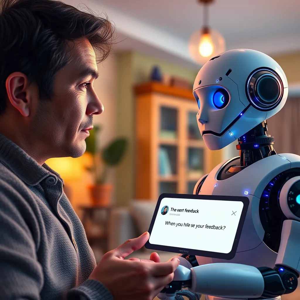 A vibrant, photorealistic scene depicting a customer interacting with a chatbot post-service, showcasing an interface requesting feedback. The customer appears thoughtful, with a background of a cozy home, symbolizing comfort and engagement in sharing their experience.