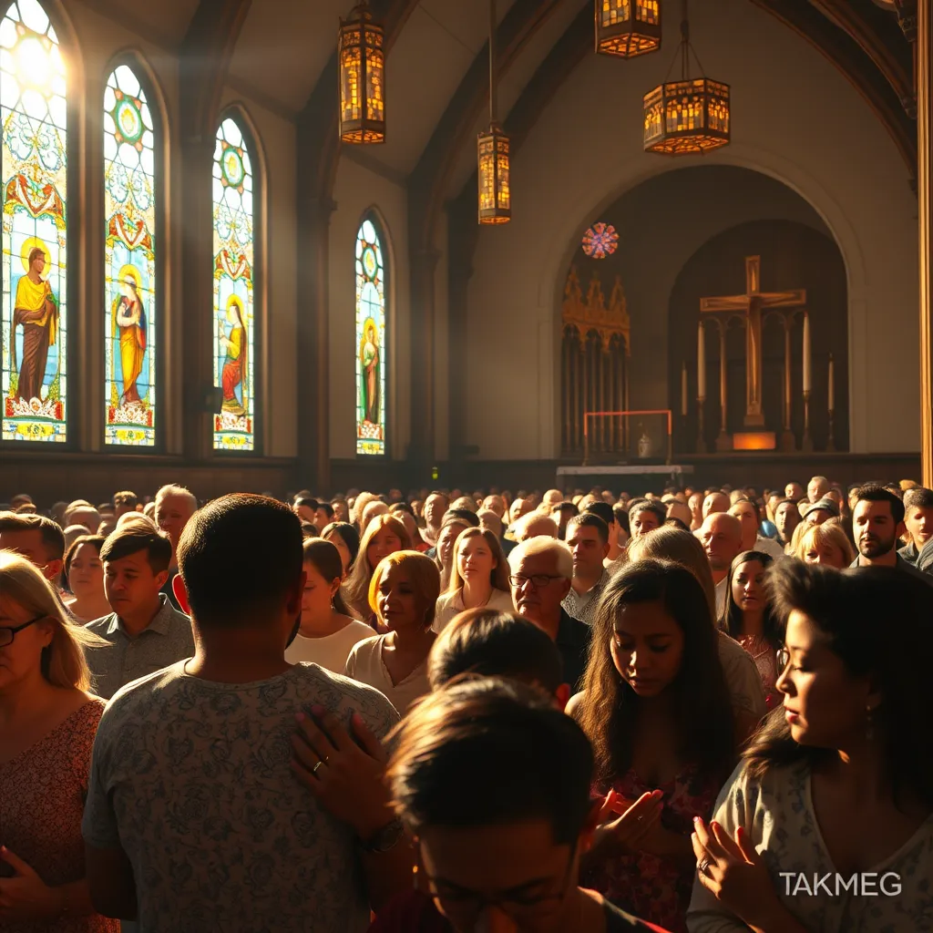 A vibrant and warm scene inside a church during a worship service, filled with diverse congregants engaged in singing and praying, with stained glass windows filtering sunlight, creating a spiritual and uplifting atmosphere.