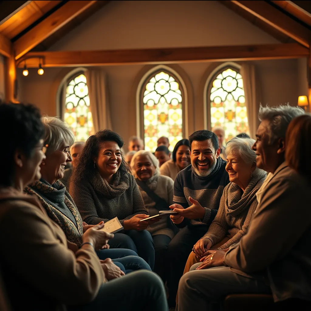 A vibrant church community gathering in a cozy setting, depicting diverse individuals sharing stories and laughing together. The scene includes people of different ages and ethnicities, with warm lighting, showcasing an atmosphere of love, support, and unity.