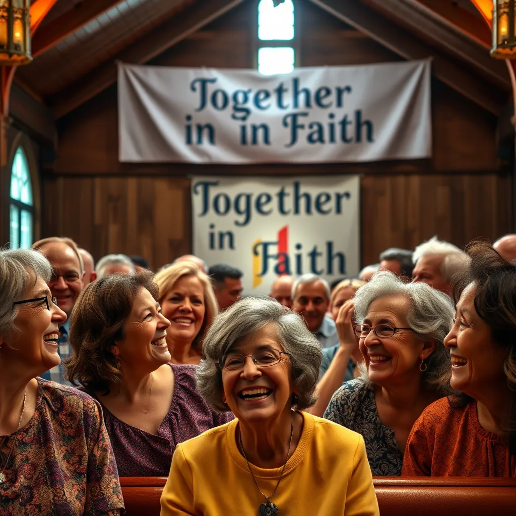 A vibrant church community gathering in a cozy setting, featuring people of various ages and backgrounds sharing smiles and laughter. In the background, a banner reading 'Together in Faith' enhances the atmosphere of unity and connection among congregants.