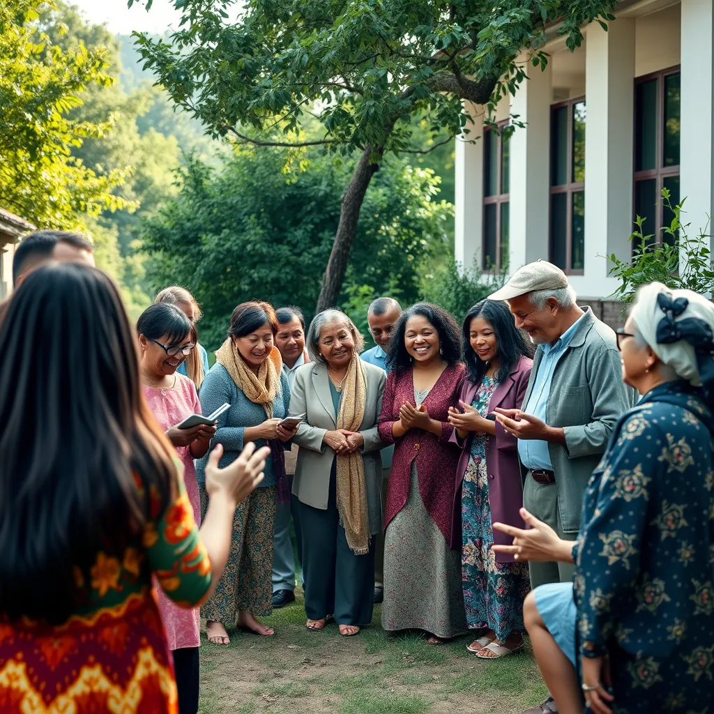 A vibrant church community gathering outdoors, with diverse individuals of various ages engaged in prayer and discussion. The scene captures the warmth of fellowship, with smiles and open arms, surrounded by nature, symbolizing collaboration and support.