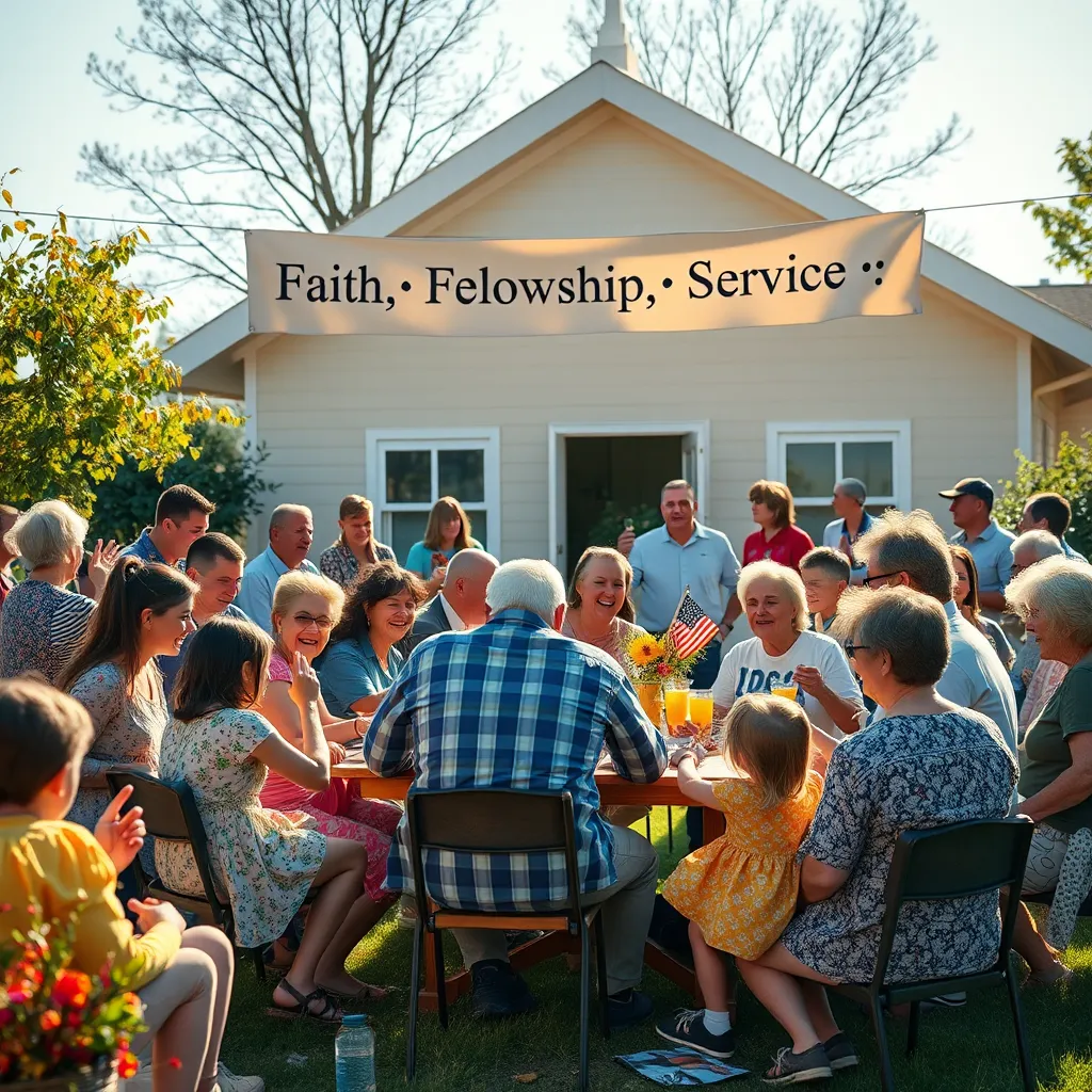 A vibrant church community gathering in a sunny outdoor space, with families enjoying a picnic, children playing, and adults engaged in discussion, all exuding joy and togetherness, under a banner that reads 'Faith, Fellowship, Service'.
