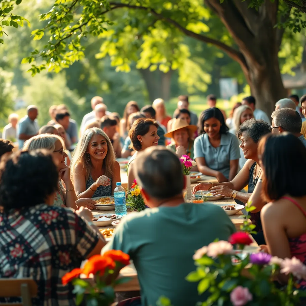 A vibrant church community gathering outdoors. People of diverse backgrounds are sharing stories and laughing together around picnic tables filled with food. The atmosphere is warm and welcoming, with greenery and flowers adding to the sense of community and support. Sunlight filters through the trees, creating an uplifting scene.