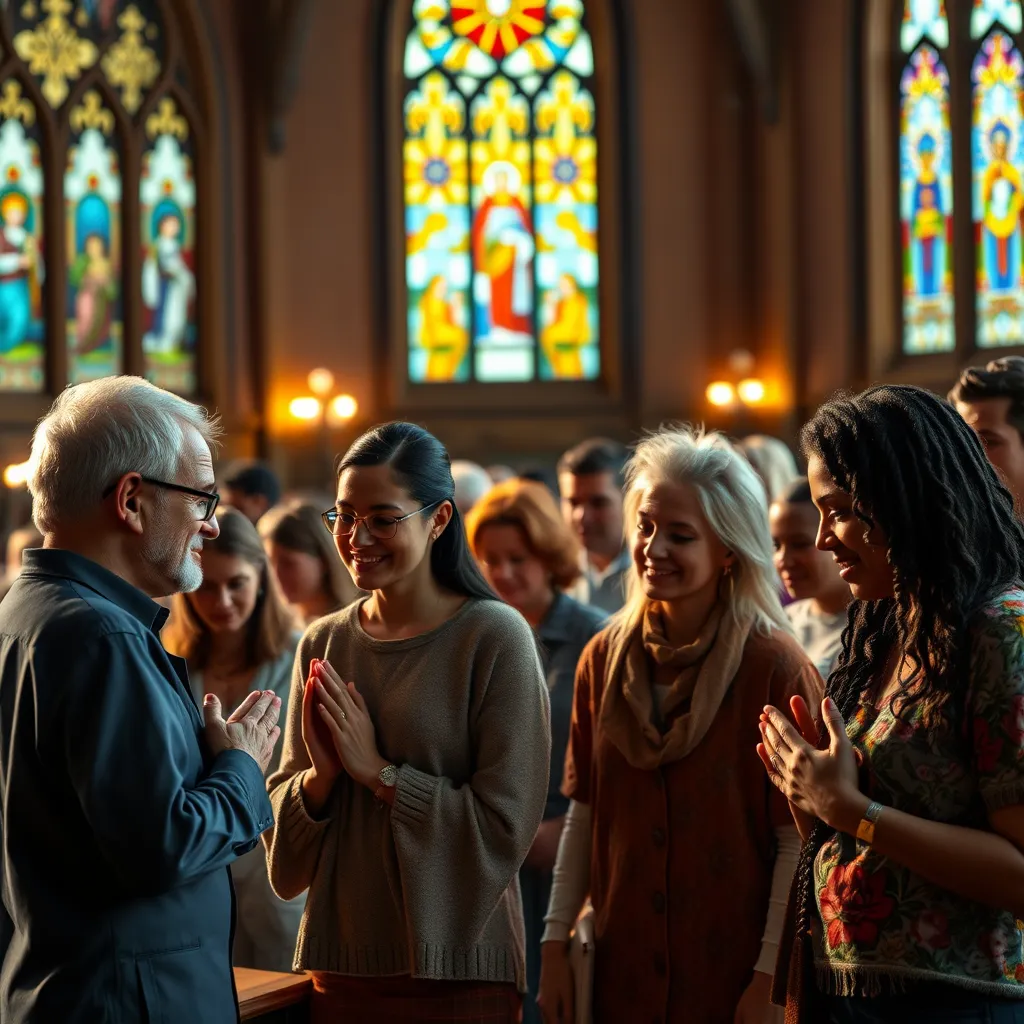 A vibrant church community scene showing a diverse group of people sharing in fellowship. Some individuals are praying together, while others are engaged in conversation. The background features stained glass windows and warm lighting, creating a welcoming atmosphere.