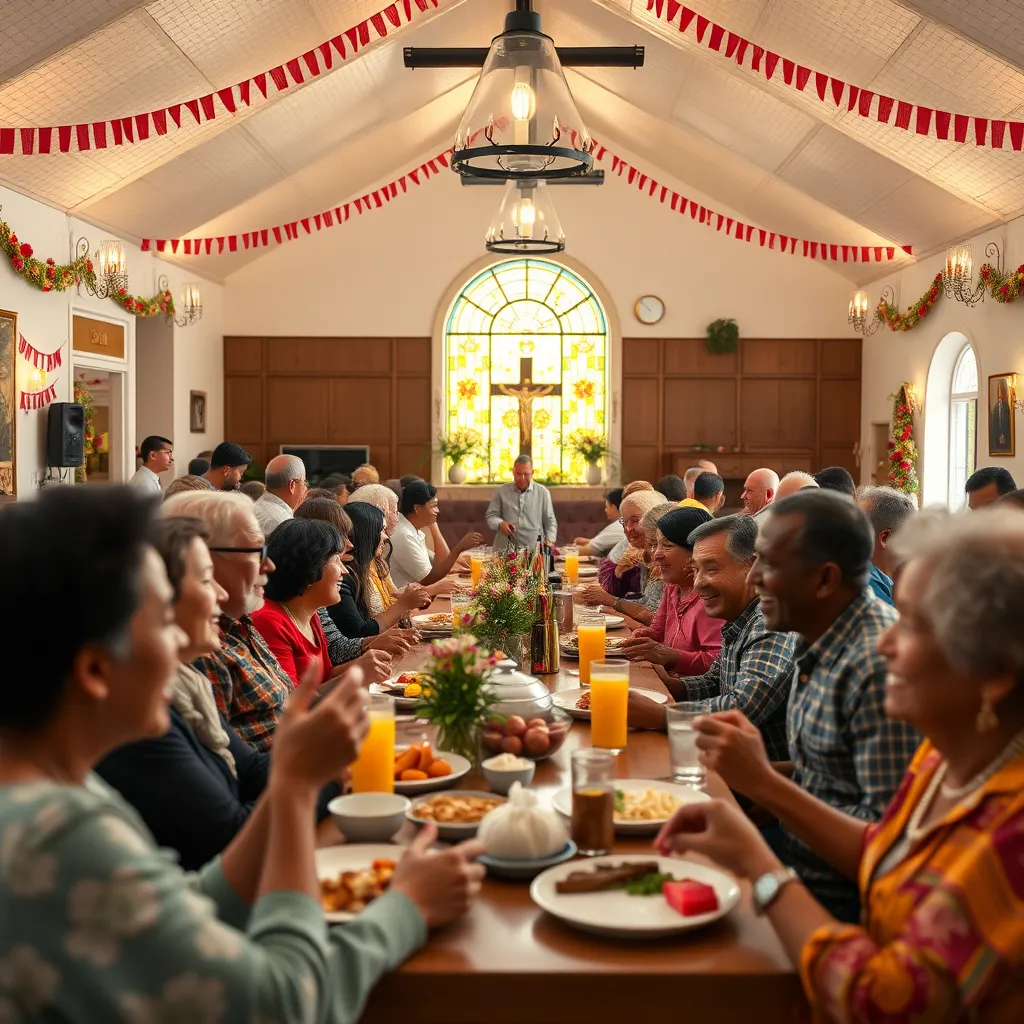 A vibrant church gathering in a cozy hall, where families and friends share meals and laughter. Colorful decorations and warm lighting enhance the atmosphere, capturing a sense of unity and joy in a diverse group of believers enjoying each other's company.