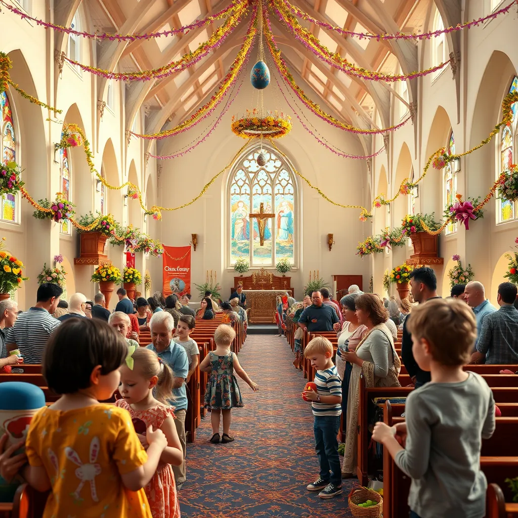  A vibrant church hall decorated for a seasonal festival, filled with colorful decorations and families enjoying activities. Children are participating in an Easter egg hunt, while adults are chatting, creating a warm and festive atmosphere.