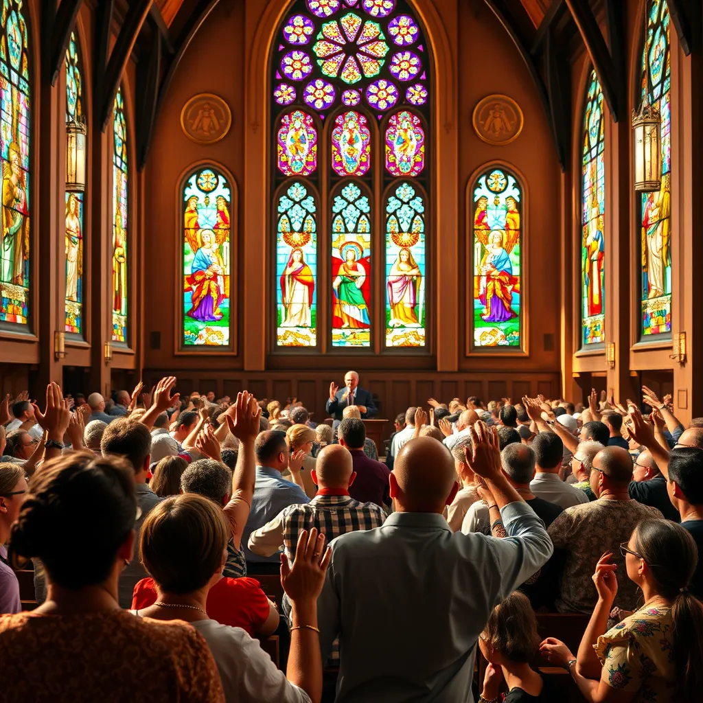 A vibrant church interior filled with diverse individuals of all ages engaged in worship, with a pastor leading a lively service. Bright stained glass windows casting colorful light, people singing together, hands raised in praise, showcasing unity and joy in faith.
