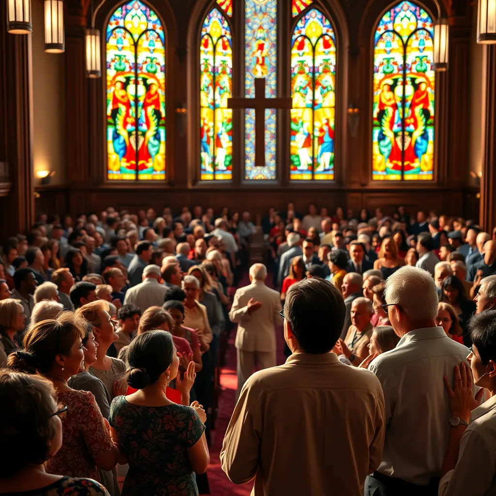 A vibrant church interior filled with diverse congregants during a worship service. People of different ages and ethnicities singing joyfully, colorful stained-glass windows casting light, a pastor delivering an engaging sermon at the front, creating a warm, welcoming atmosphere.