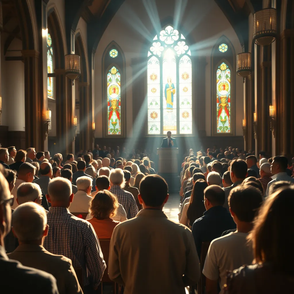 A vibrant church interior filled with diverse people of all ages attending a worship service, with a pastor speaking at the front. Sunlight streaming through stained glass windows, creating a warm and inviting atmosphere.