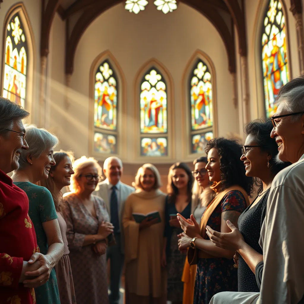  A vibrant church setting with a diverse group of people gathered in a circle, engaged in prayer and discussion. Soft sunlight filters through stained glass windows, illuminating joyful expressions. Include a variety of ages and backgrounds to depict inclusivity.