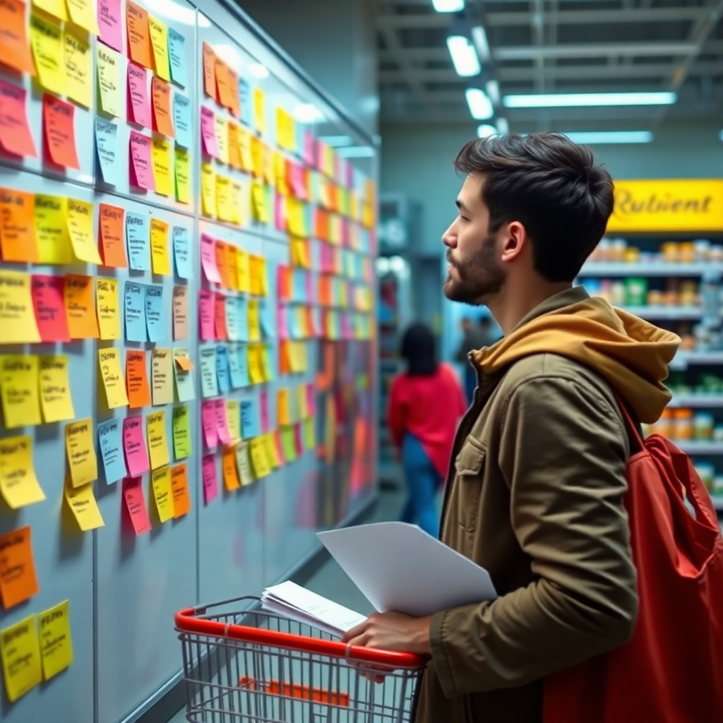 A vibrant community board in a supermarket featuring colorful post-it notes with product reviews and ratings. In the foreground, a shopper looks at the board, considering community feedback while holding a shopping list and a cart.