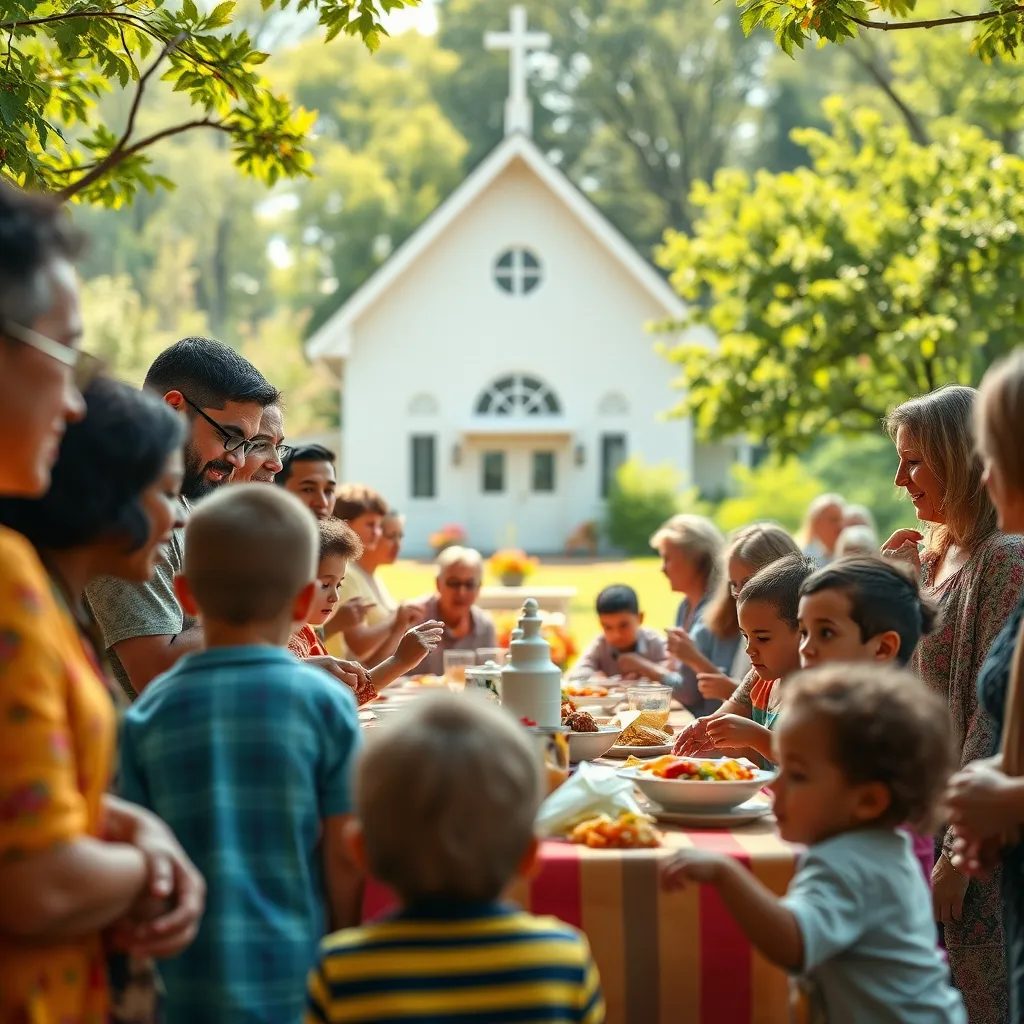 A vibrant community church scene showing diverse individuals of all ages engaging in various activities like a potluck dinner, children playing, and adults discussing. The church building in the background, surrounded by greenery, with a bright, inviting atmosphere.