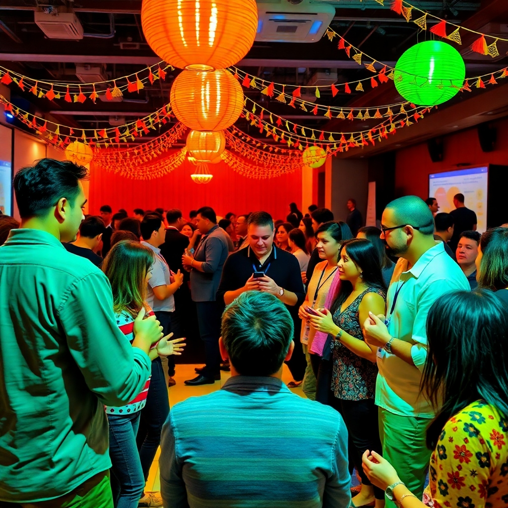 A vibrant community event where people interact lively, discussing AI topics in an open forum format. Bright decorations, engaging presentations, and diverse individuals sharing their thoughts create a warm and inviting atmosphere. The joy of collaboration and idea exchange is palpable, highlighting the power of community in fostering innovation.