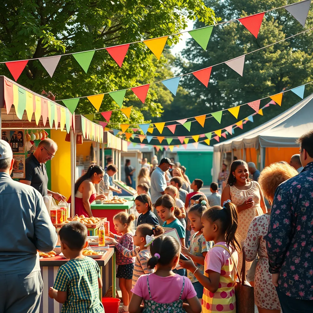 A vibrant community festival hosted by a local church in the UK, featuring colorful stalls filled with food, children playing games, people singing, and joyful interactions among diverse community members in a sunny outdoor setting, capturing the festive spirit.