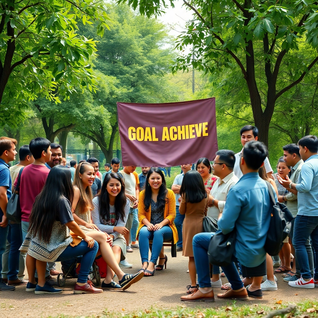 A vibrant community gathering in a park, diverse individuals collaborating in small groups, discussing their goals and sharing ideas, surrounded by green trees and colorful banners promoting goal achievement, with smiles and enthusiasm visible on their faces.