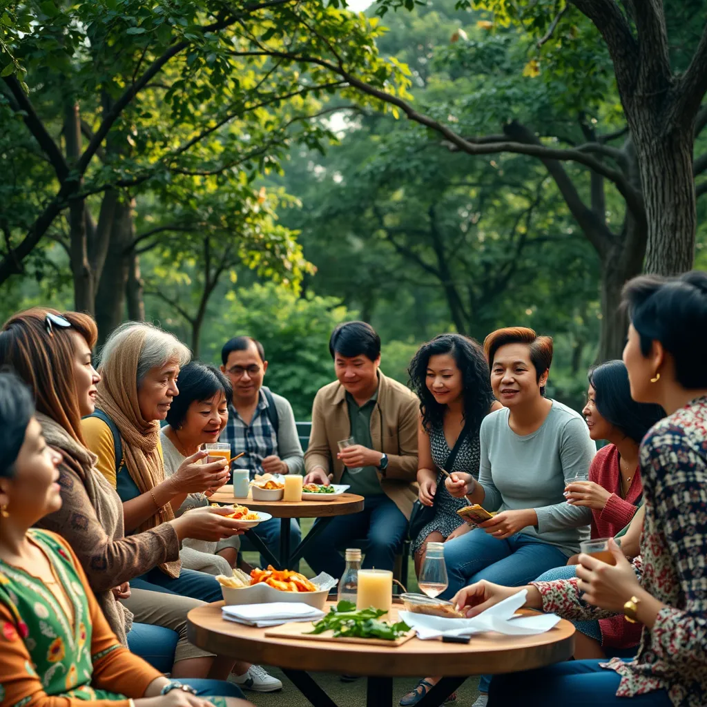 A vibrant community gathering in a park, showcasing diverse individuals of various ages and ethnicities engaging in conversation, sharing food, and participating in activities like games and crafts. The atmosphere should be warm and inviting, surrounded by lush greenery.