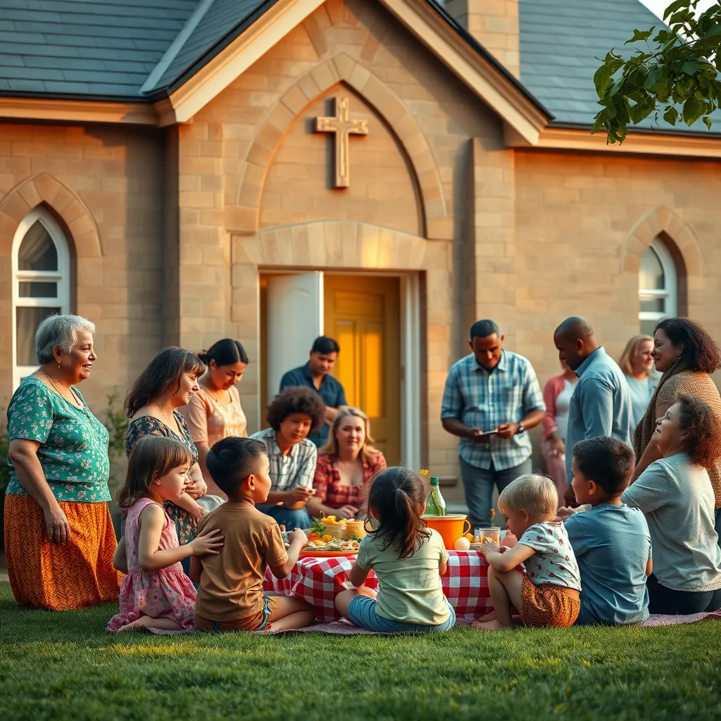 A vibrant community gathering outside a church, with families sharing together over a picnic. Children are playing nearby, while adults engage in lively conversation, highlighting the importance of fellowship and communal support.