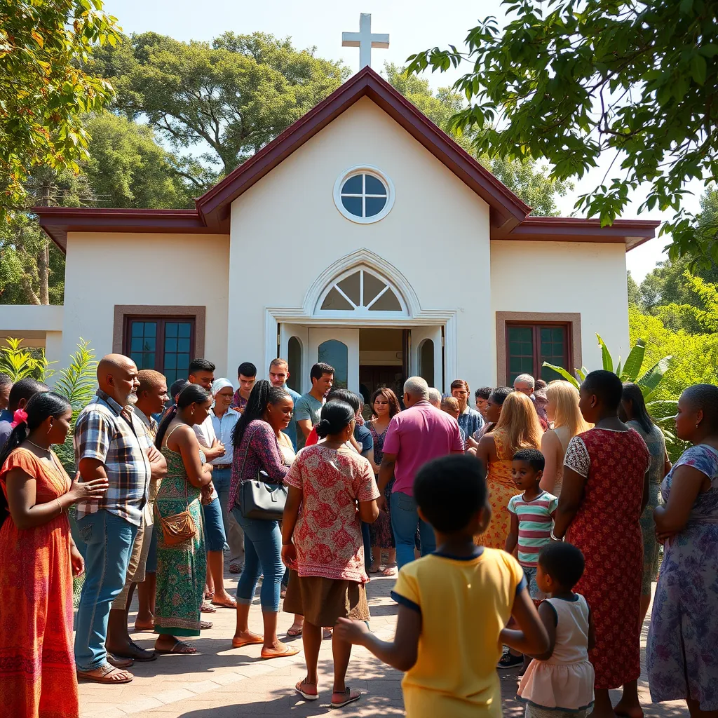 A vibrant community gathering outside a local church, showcasing diverse individuals engaged in conversation, children playing, and a welcoming church building in the background. The scene is set on a sunny day with greenery surrounding the area.