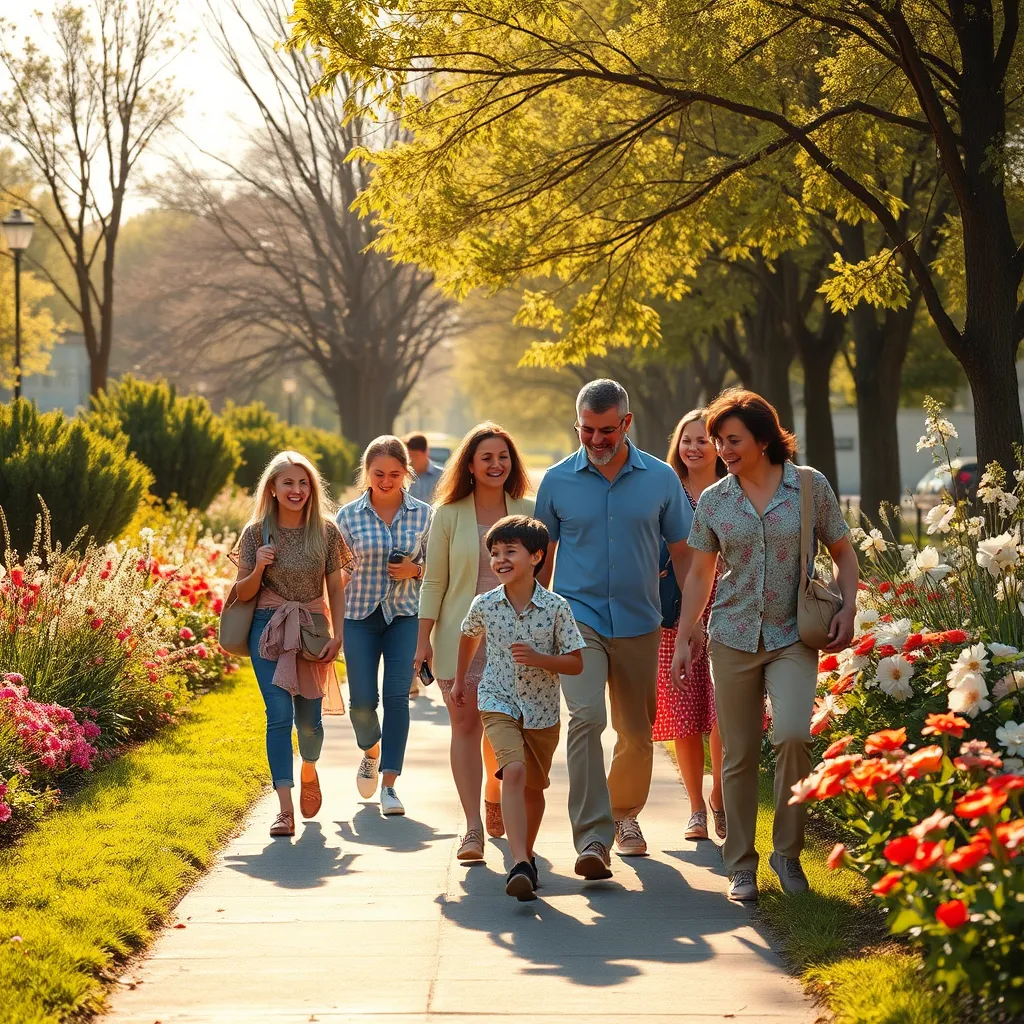 A vibrant community park scene depicting diverse adults and children walking together on a sunlit pathway with blooming flowers. People engage in friendly conversations, showcasing the joy of social interaction and an active lifestyle, with trees lining the path in the background.