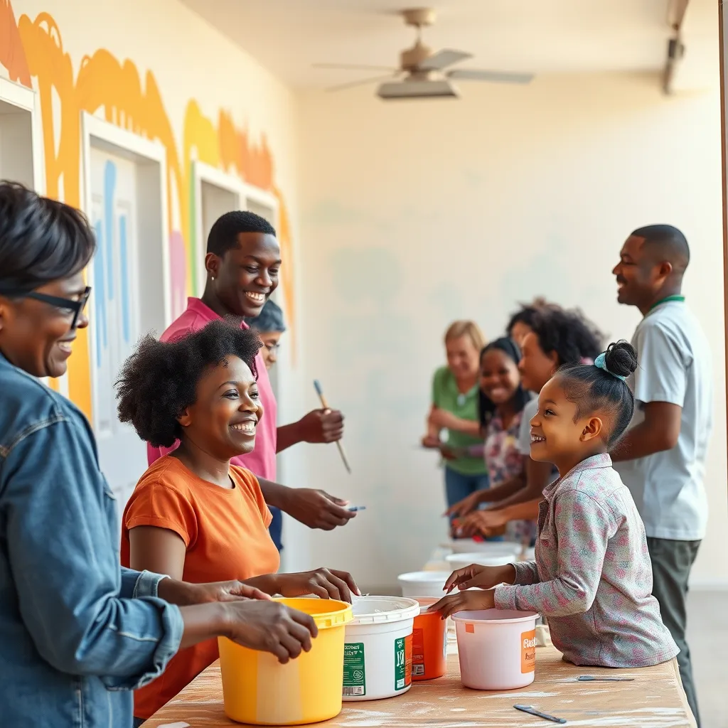 A vibrant community service project taking place, showing church members of various ages painting a community center. The scene is filled with laughter, teamwork, and collaboration, showcasing genuine happiness and a shared mission to uplift others.