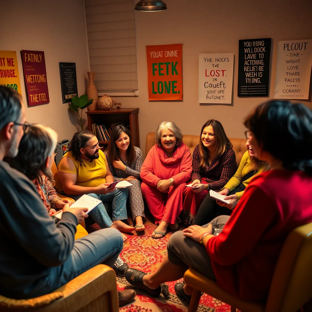 A vibrant community weight loss support group meeting in a cozy room, diverse individuals sharing their experiences, sitting in a circle, supportive gestures, smiles, some holding notebooks, a warm atmosphere with motivational posters on the walls.