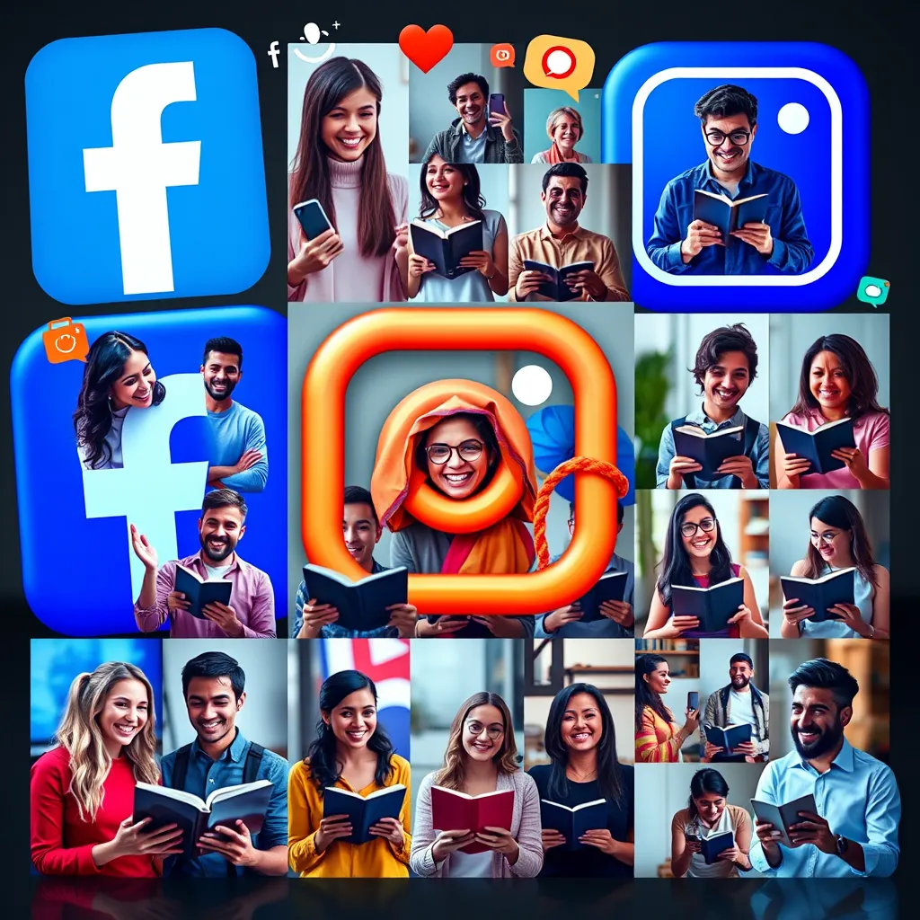 A vibrant digital collage depicting social media icons like Facebook and Instagram, overlaid with images of people engaging in Bible studies online. Show diverse individuals smiling, holding Bibles, and interacting with each other through video calls in a lively, colorful composition.