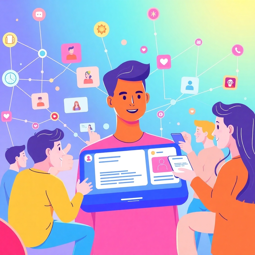 A vibrant digital illustration of people interacting on a futuristic social media platform created by OpenAI, where users share ideas, photos, and insights. Bright colors and an engaging interface reflect a fun and collaborative atmosphere. The background depicts a connected world, where data flows from one user to another, symbolizing the organic growth of the platform.