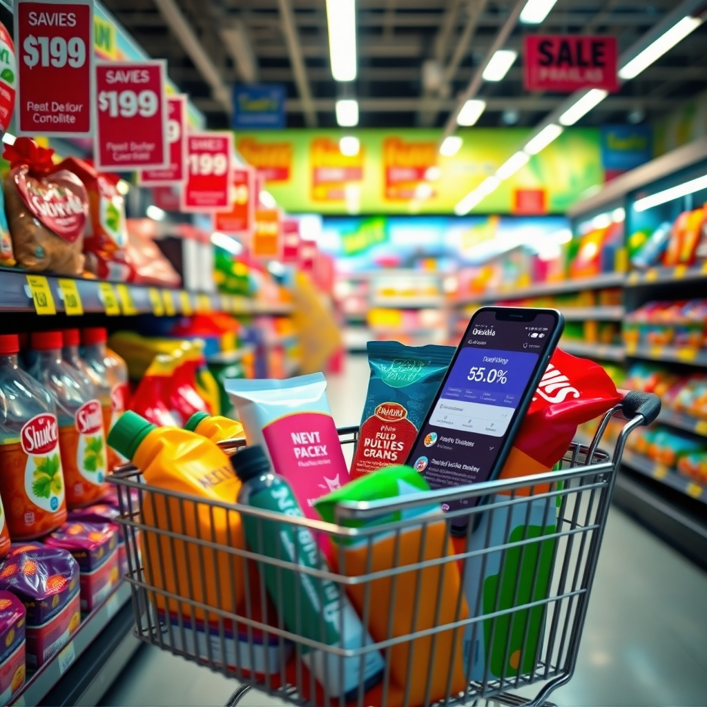 A vibrant display of supermarket products with colorful price tags indicating discounts and special offers. Include a shopping cart filled with products alongside a smartphone showing a deals app, capturing the excitement of savings in a dynamic shopping atmosphere.
