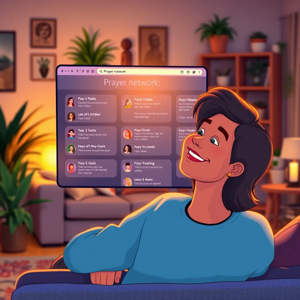 A vibrant illustration of an online prayer network on a laptop screen, showing various prayer requests and responses. The glow of the screen cast on a person smiling, seated in a cozy living room filled with plants and warm decor, symbolizing connection and support.