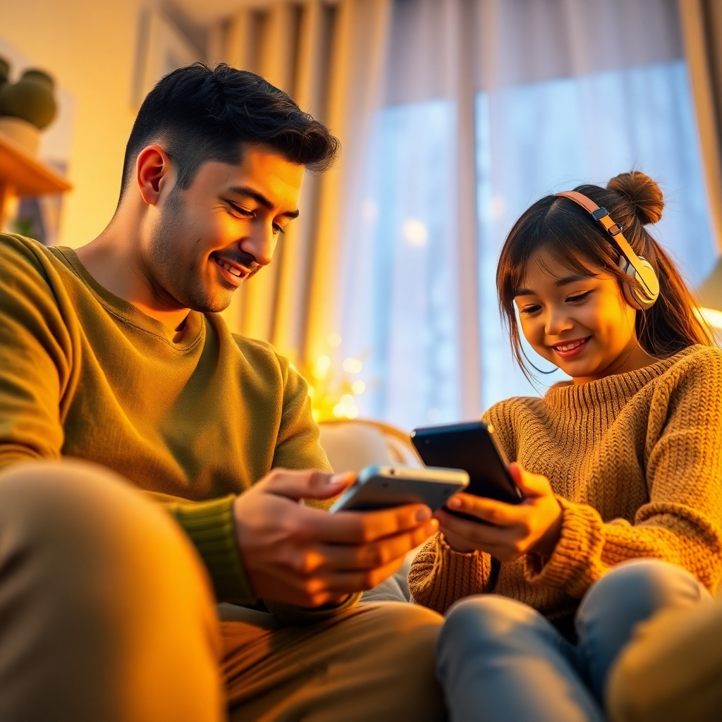 A vibrant image depicting AI's impact on everyday life. The scene features a family using AI-powered devices in their home environment. Warm, inviting lighting creates a sense of comfort, with a color palette combining warm yellows and soothing greens. The camera angle is close-up, focusing on the interaction between humans and technology. Texture details include soft fabrics and sleek gadgets. Style references could emphasize a cozy, tech-savvy lifestyle.