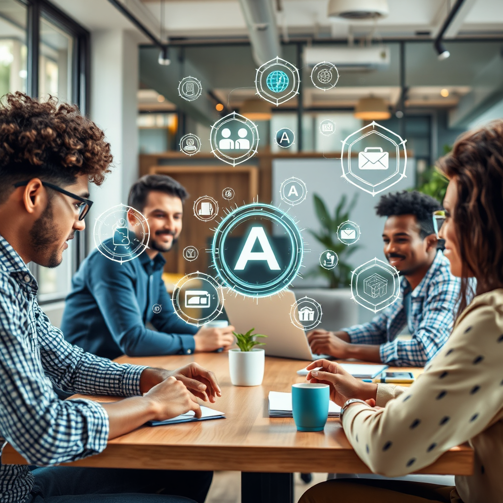 A vibrant image of a diverse team in a brainstorming session with holographic representations of various AI tools floating in the air. The modern meeting space is filled with natural light and innovative decor, symbolizing collaboration. The textures of the environment mix physical objects with digital projections, creating an inclusive atmosphere where ideas flow freely.