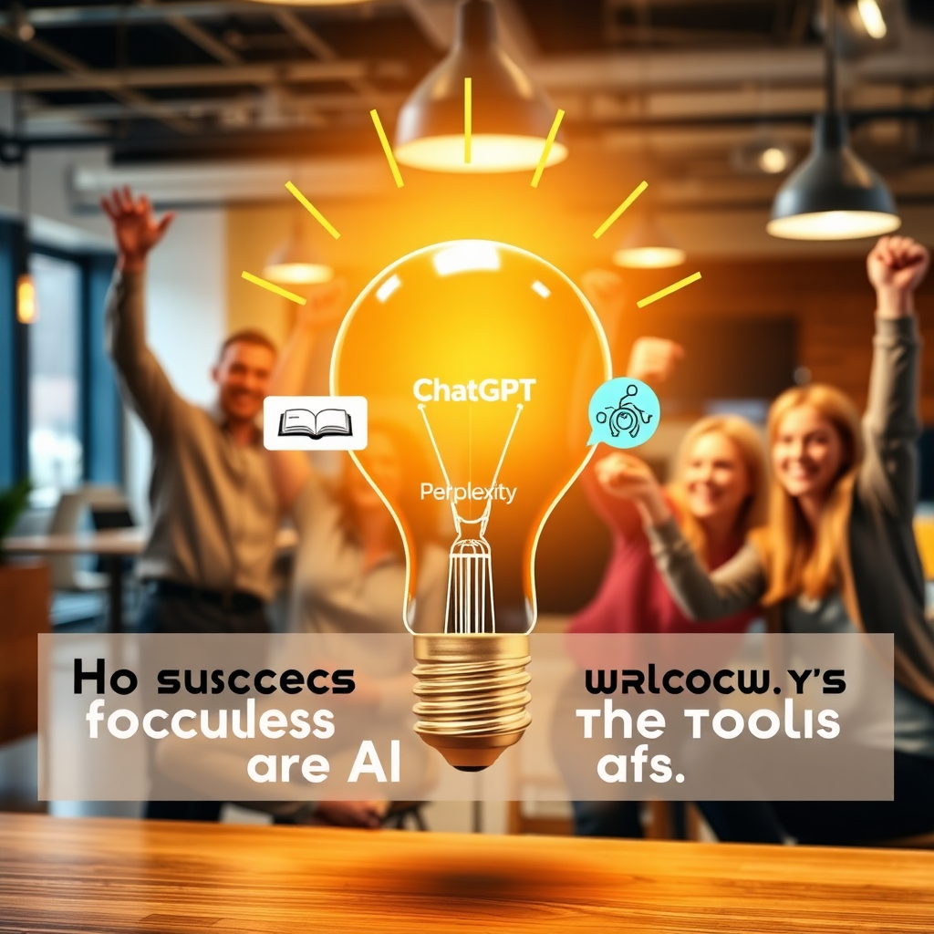 A vibrant image summarizing the success achieved by focusing on three AI tools, visually represented by a bright light bulb graphically combining elements of ChatGPT, Perplexity, and Gemini. The background features an enthusiastic team celebrating around the light bulb in a modern office setting, illustrating successful outcomes. Warm lighting captures the excitement and sense of achievement. The textures convey a blend of digital graphics with an inviting atmosphere.