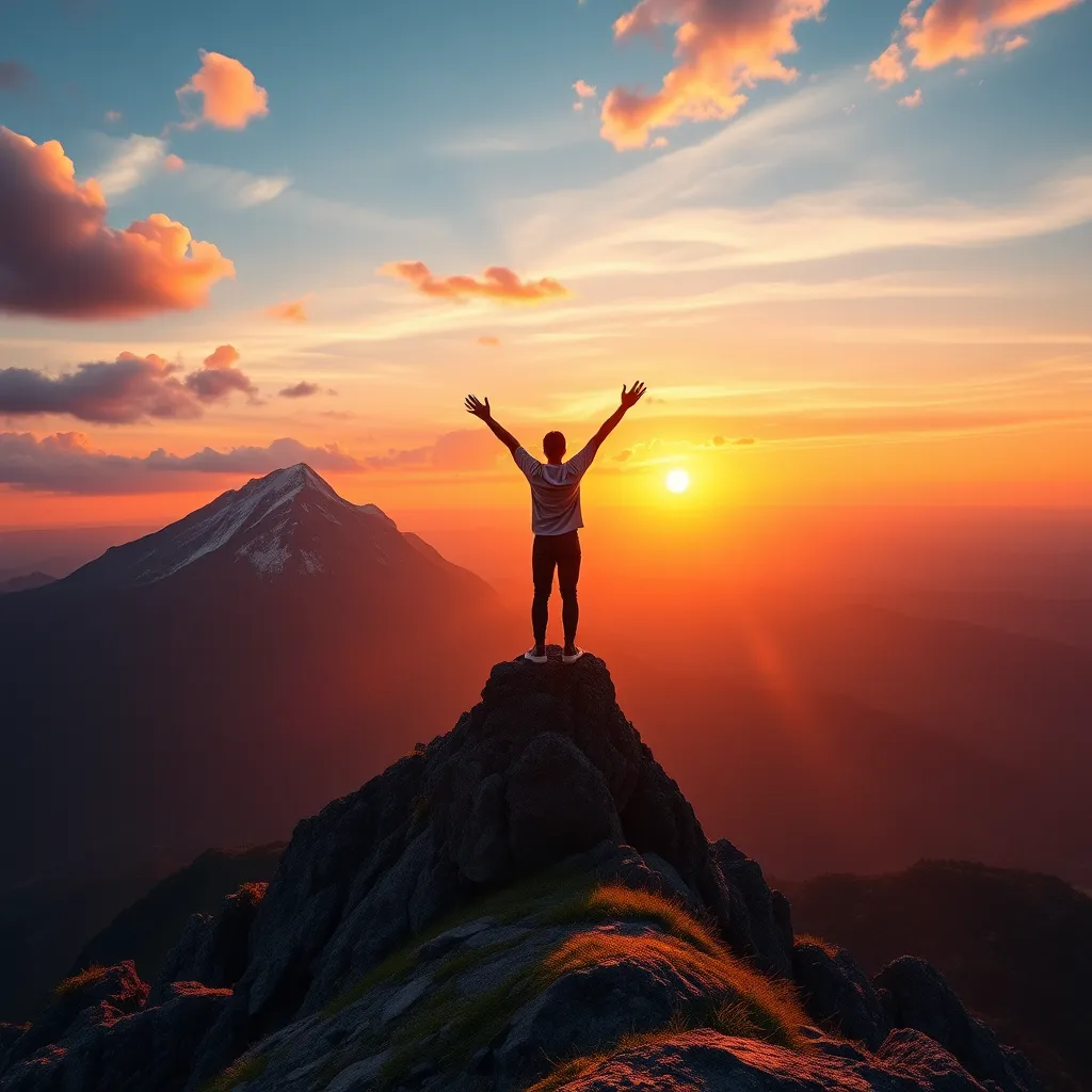 A vibrant landscape showcasing a sunrise over a mountain, with a solitary figure standing on the peak, arms raised in triumph, symbolizing hope and the joy of faith in the promise of new beginnings.