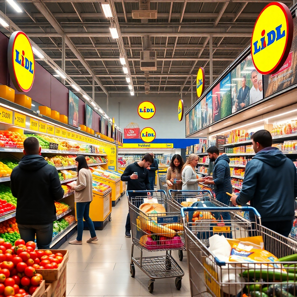 A vibrant Lidl supermarket interior with shoppers examining discounted items, showcasing a variety of fresh produce and affordable housewares, bright yellow signage highlighting low prices, and customers checking out with full shopping carts.
