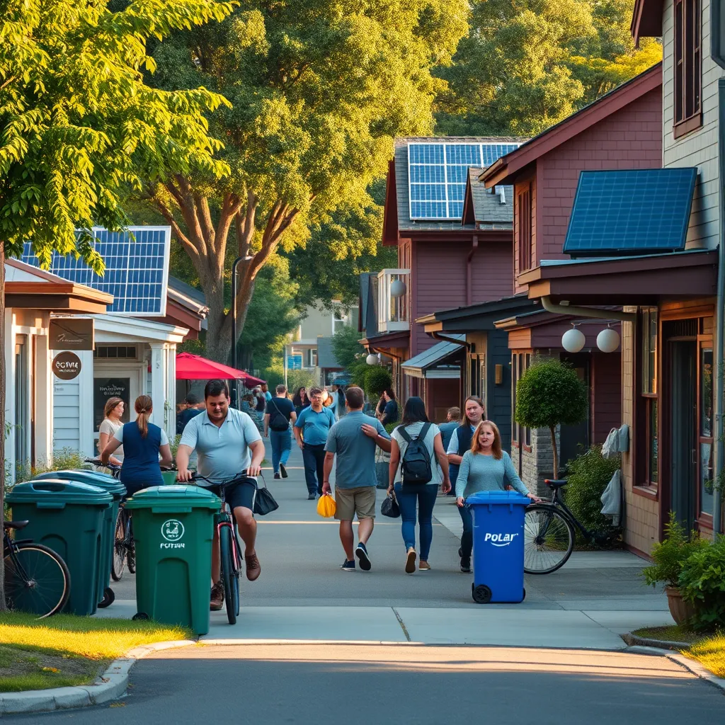 A vibrant neighborhood scene where people of different ages walk to local shops and parks. Bicycles are parked nearby, and recycling bins are visible. Solar panels adorn nearby houses, showcasing a green community ethos along tree-lined streets.