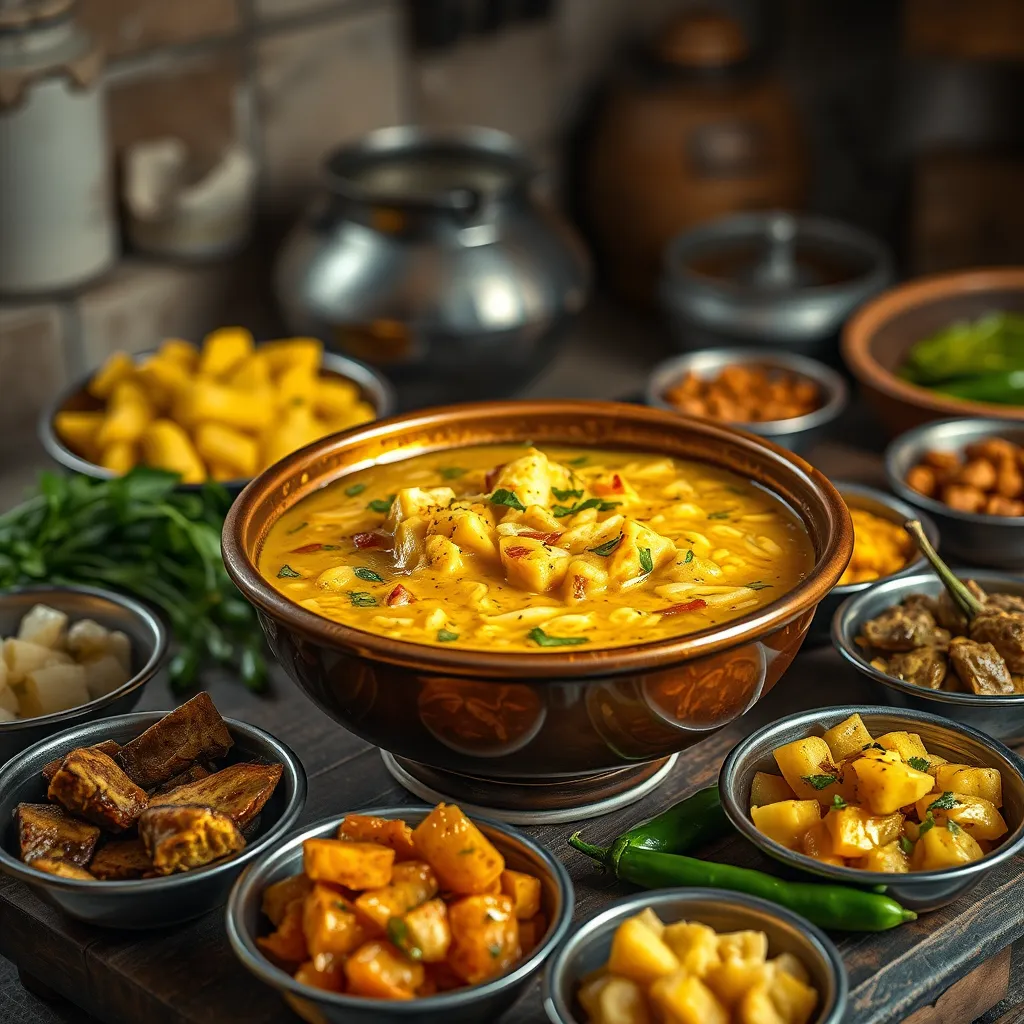 A vibrant presentation of Panta Bhat in a bowl, surrounded by small dishes of various Bhortas (like mashed potatoes, eggplant, and other vegetables), green chilies, and a rustic kitchen backdrop.
