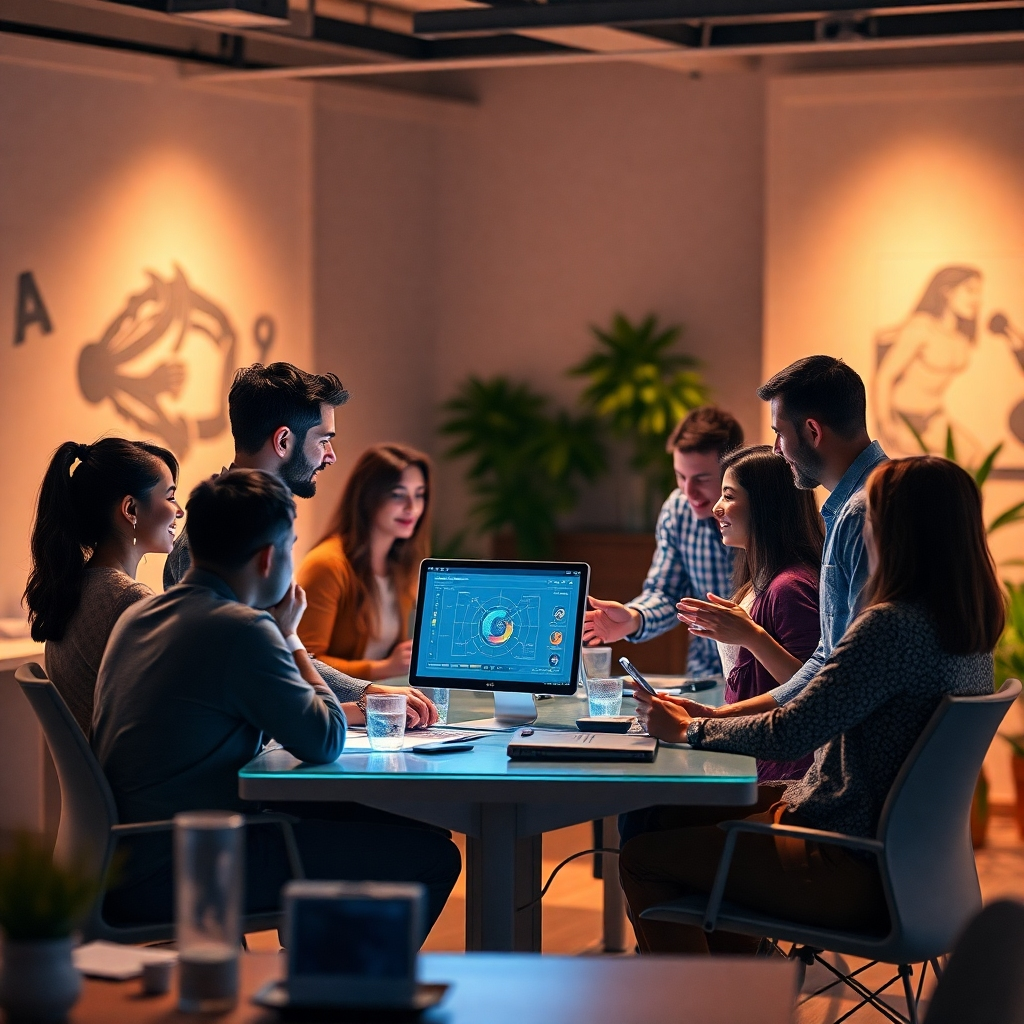 A vibrant scene capturing a diverse group of users sharing experiences around an AI workstation powered by Grock Studio. The warm and inviting environment illustrates a successful integration of AI into daily life. Soft light while users exchange ideas, with elements of collaboration and creativity embodying the concept of personalized technology in action.