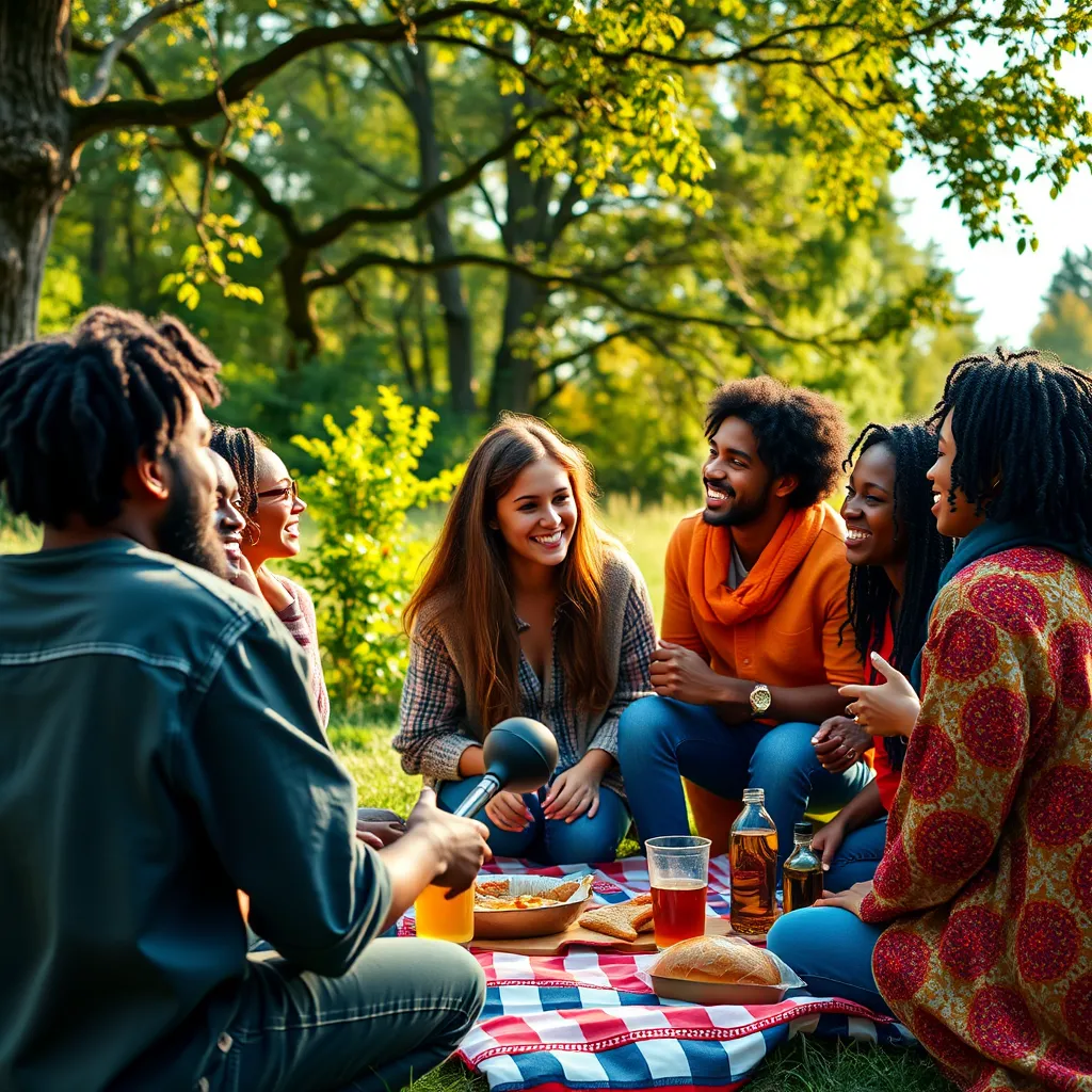 A vibrant scene depicting a diverse group of young Christians engaging in a lively discussion outdoors, surrounded by nature. They smile and share ideas, with a nearby picnic setup, including food and drinks, showcasing a friendly and inclusive community spirit.