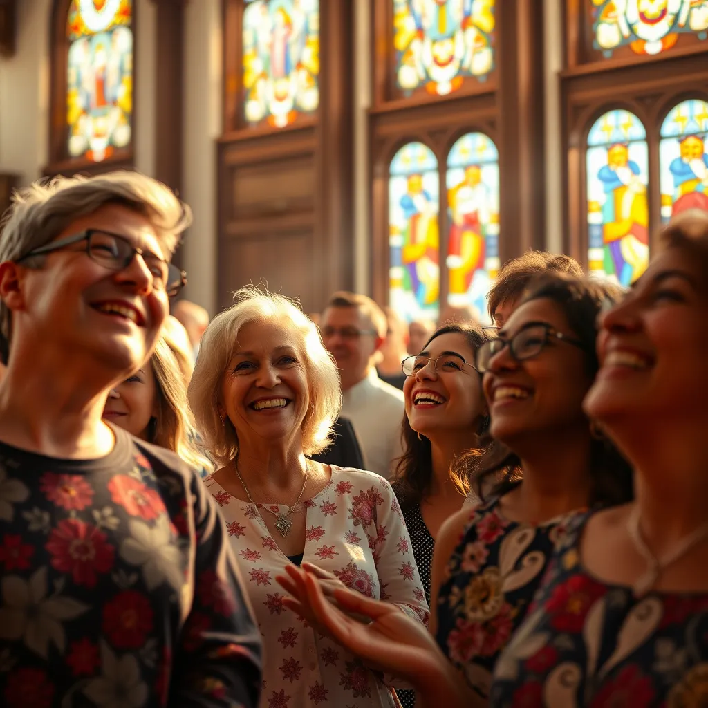 A vibrant scene depicting a diverse group of people in a church setting, engaging in worship together. Include people of various ages and backgrounds, all smiling and sharing moments of joy, with warm sunlight filtering through stained glass windows.
