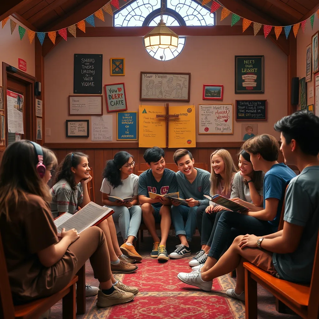 A vibrant scene depicting a group of diverse teenagers in a cozy church hall, sitting in a circle, sharing stories and laughing together, surrounded by colorful decorations and meaningful posters, with warm lighting creating an inviting atmosphere.