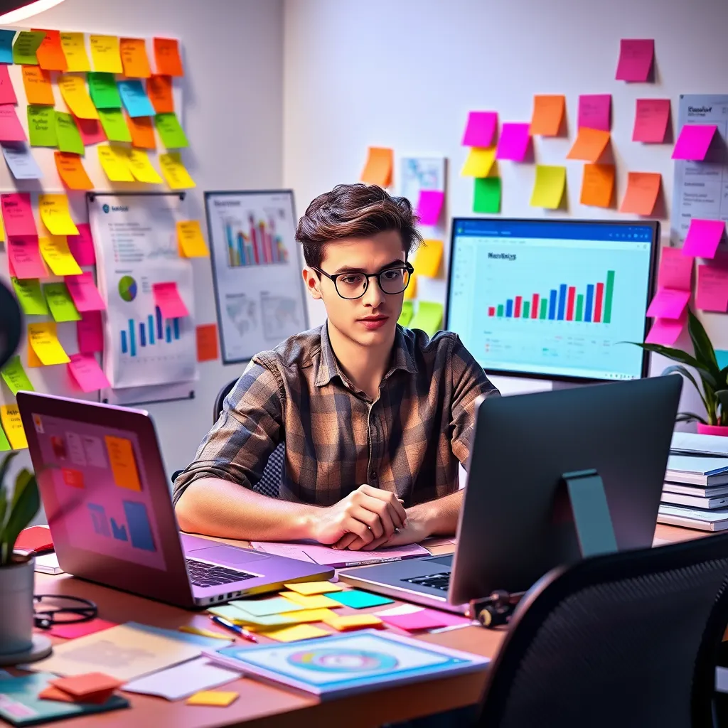 A vibrant scene depicting a young professional brainstorming marketing strategies at a desk cluttered with colorful post-it notes, charts, and a laptop displaying social media analytics. Bright, engaging atmosphere symbolizes creativity.