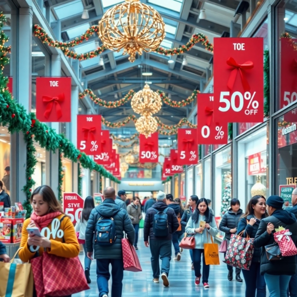 A vibrant scene of a busy shopping plaza during holiday sales, featuring festive decorations and shoppers carrying bags filled with gifts. In the background, large sale signs display discounts of up to 50% off, creating a lively and cheerful atmosphere.
