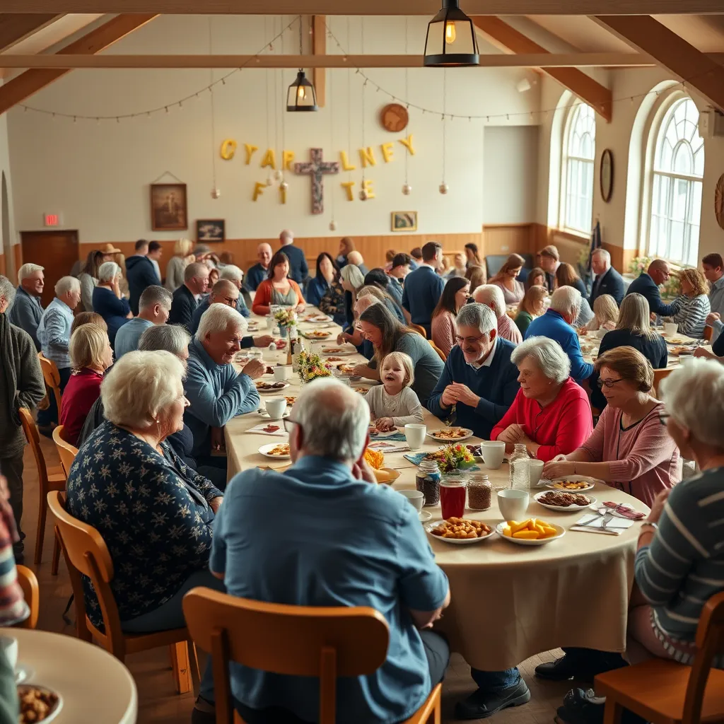 A vibrant scene of a church coffee morning with tables full of refreshments. Groups of smiling people gather around, engaging in conversation, while children play in the background. The setting is inviting, with decorations that reflect a warm community spirit.