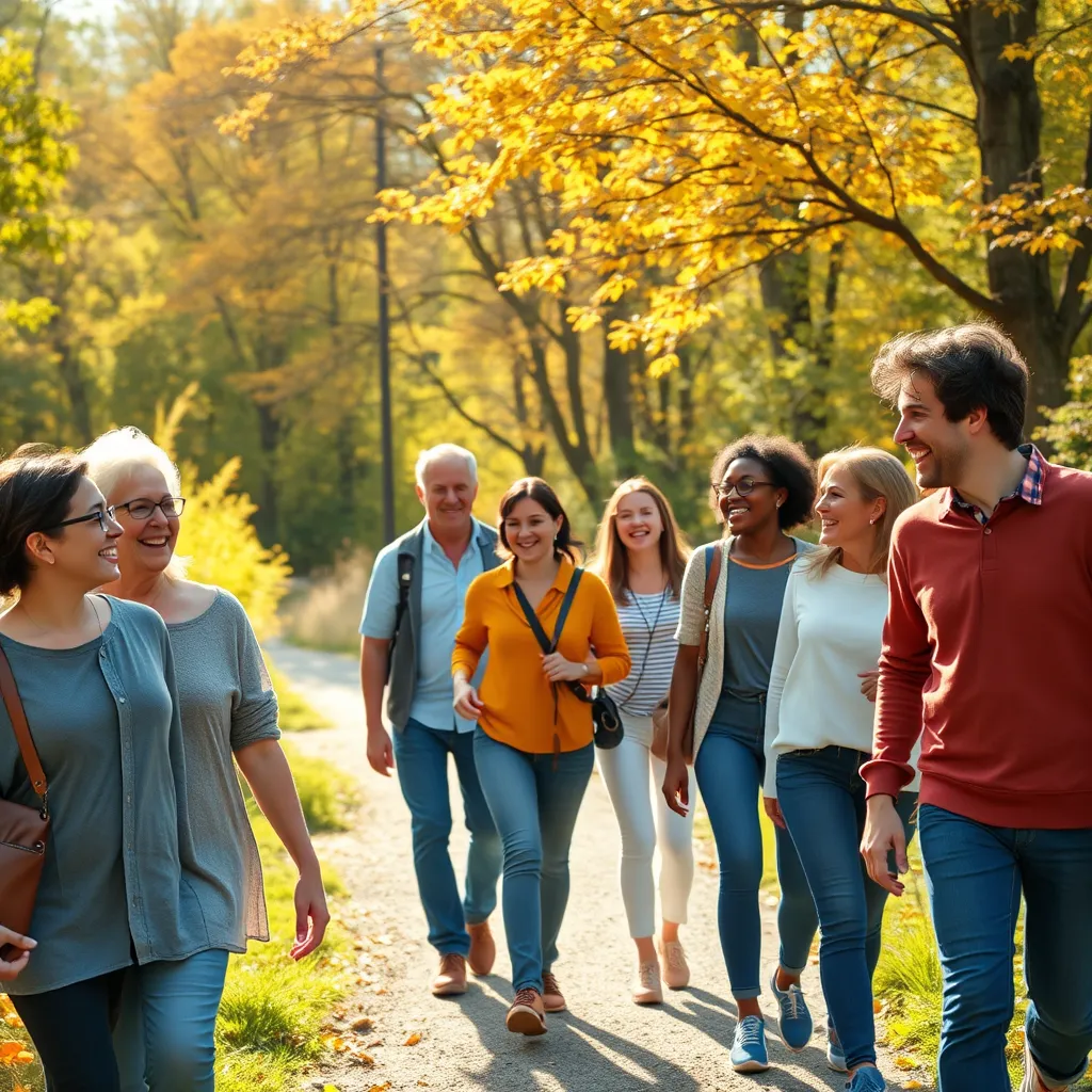 A vibrant scene of a diverse group of people walking together on a nature trail, smiling and chatting. The background shows bright autumn foliage, sunlight filtering through trees, and a peaceful atmosphere that captures the essence of community and friendship.