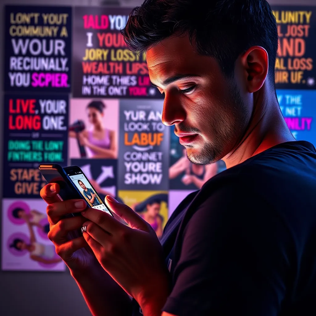 A vibrant scene of a person engrossed in a smartphone, scrolling through a popular fitness influencer's account. The background features motivational quotes and images of healthy lifestyles, emphasizing community and connection in the weight loss journey.