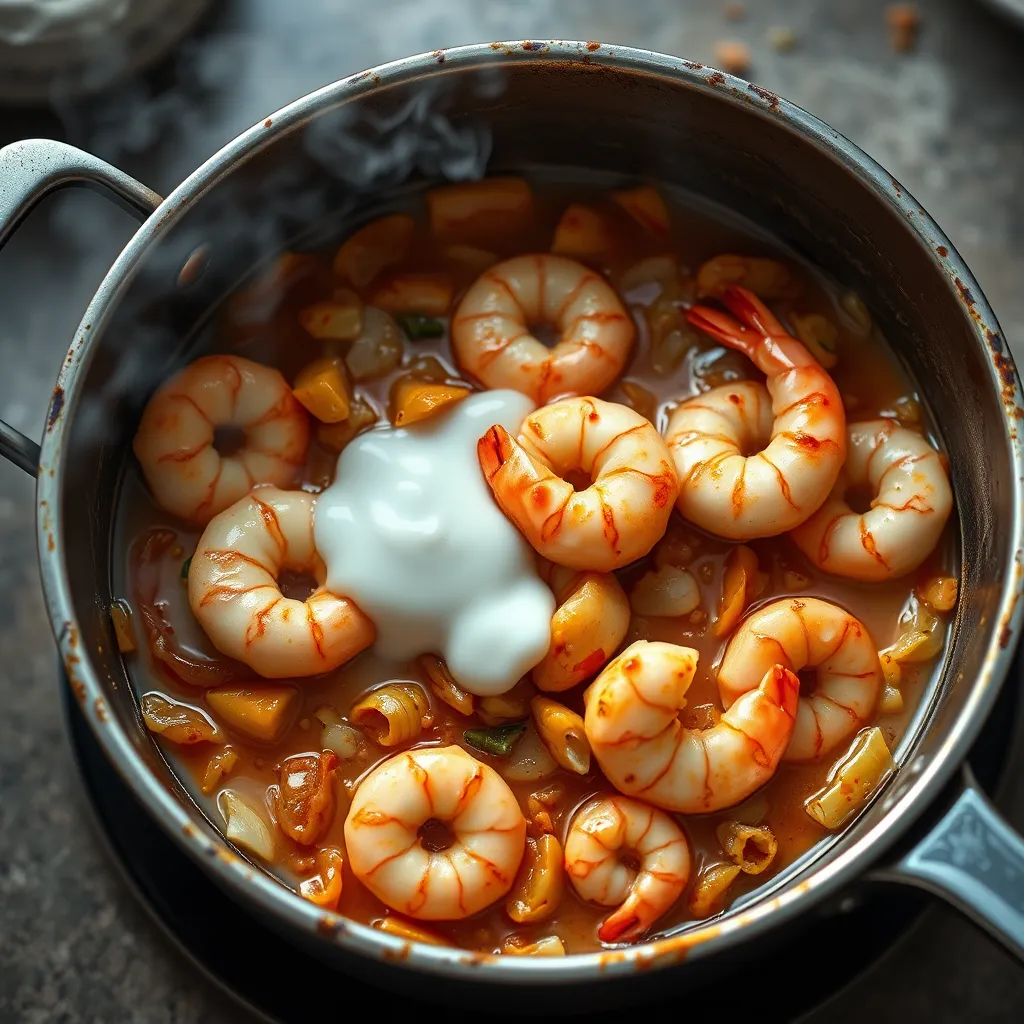 A vibrant scene of a saucepan with sautéed prawns, golden-brown onions, garlic, ginger, and the addition of creamy coconut milk, creating a rich, aromatic curry with steam rising from the pan.
