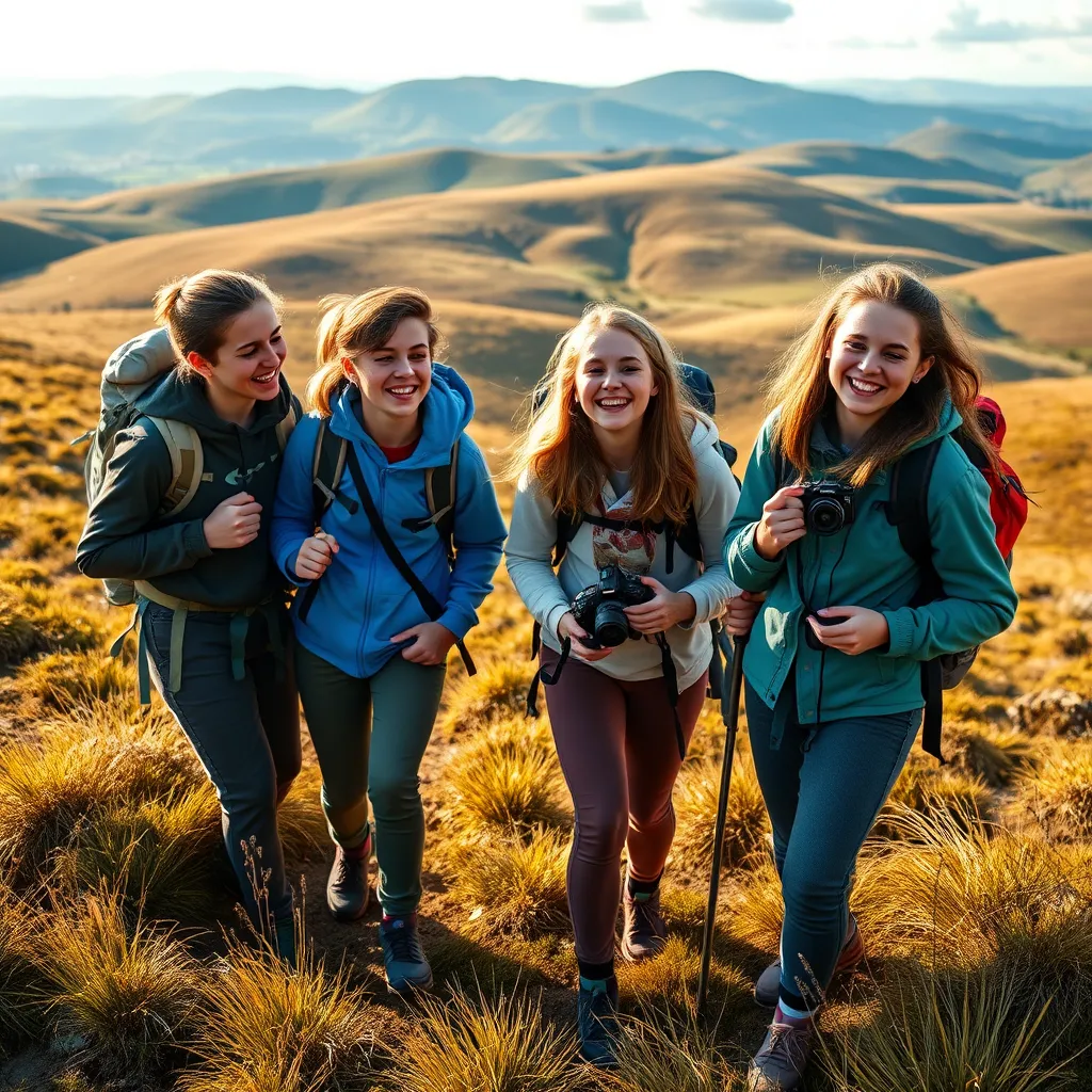 A vibrant scene of a youth group participating in a hiking adventure in a picturesque UK landscape, with rolling hills in the background. The group consists of young people laughing, hiking, and capturing moments with a camera, conveying excitement and camaraderie.
