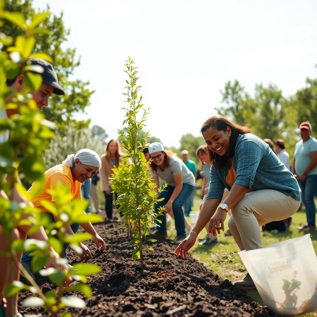 A vibrant scene of church members participating in a community service event, planting trees in a park. People of different ages, dressed in casual clothing, smile as they work together, with a sunny day and a sense of purpose in the air.