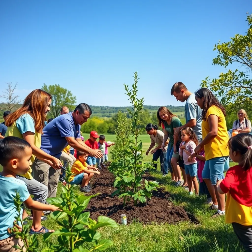 A vibrant scene of church volunteers working together at a community service event. They are planting trees in a park, surrounded by children and families. The backdrop features a clear blue sky and green landscape, symbolizing hope and community spirit.